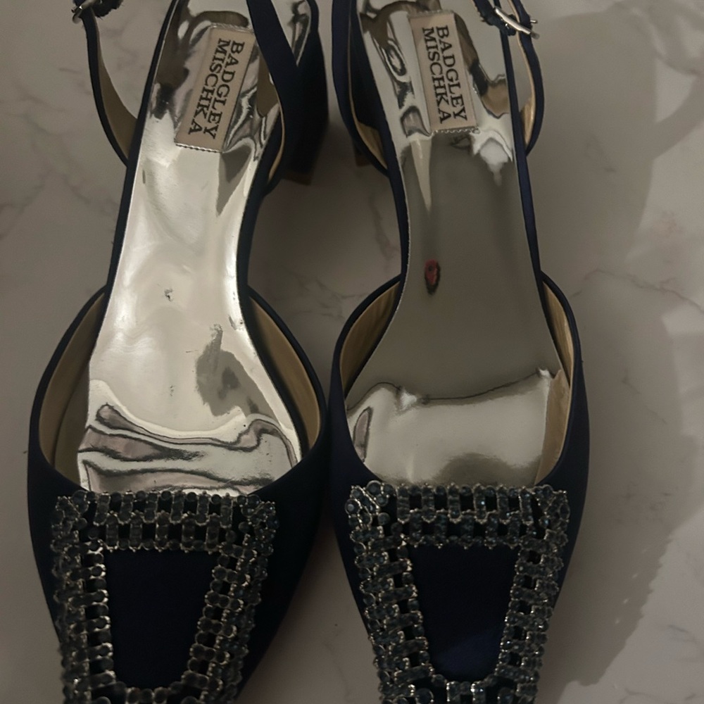 Badgley Mischka Navy Embellished Slingback Heels - Picture 11 of 11